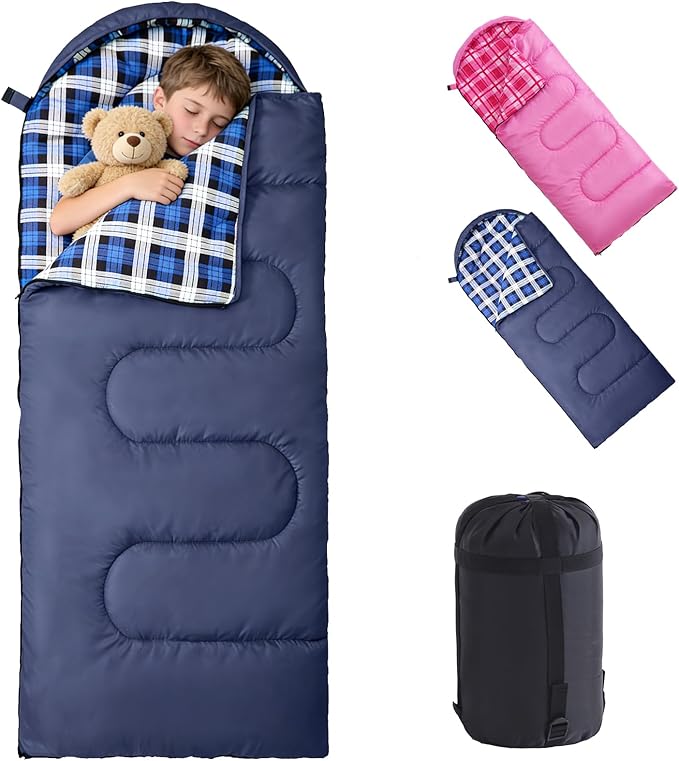 Uniqwamer Kids Sleeping Bag for Girls Boys - 4 Seasons Cold & Warm Weather Flannel Camping Sleeping Bags, Lightweight & Waterproof 45°F Sleeping Bag for Camping Hiking Outdoor Travel