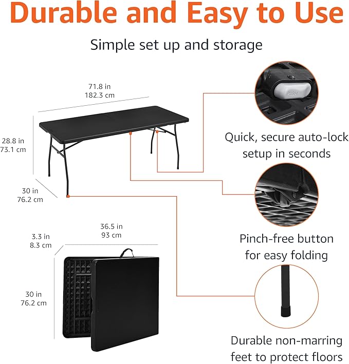 Amazon Basics Heavy Duty Portable Folding Table, 6 ft, Indoor & Outdoor, Fold-in-Half Design with Carrying Handle, for Events, Easy Folding and Storage, Black | Portable, Heavy Duty, Indoor & Outdoor, with Carrying Handle