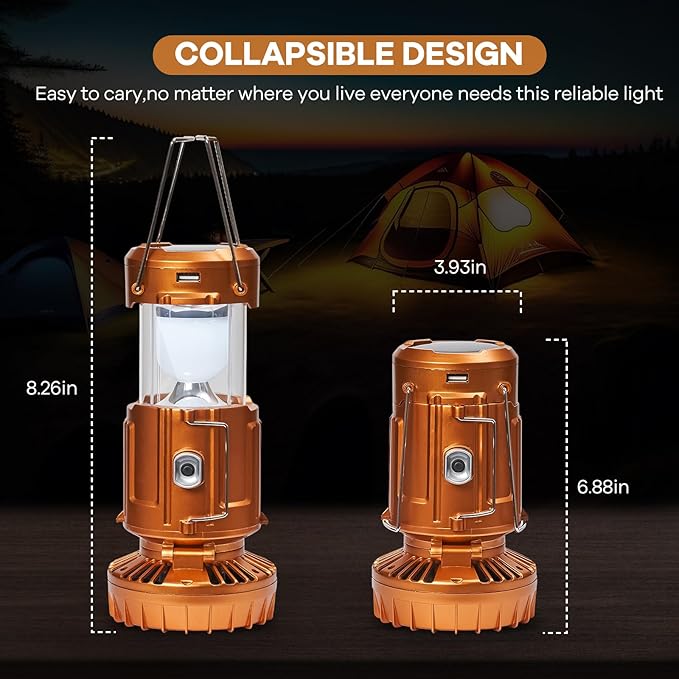 5-in-1 Solar Light and Fan (Gold) - Rechargeable Lantern with Phone Charger & Portable Power for Hurricane, Emergency, Camping, Power Outage