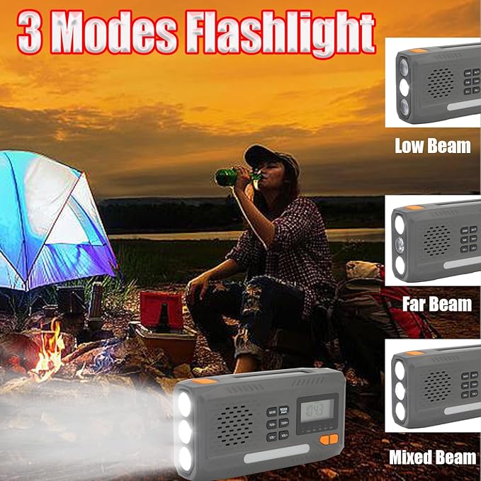 Emergency Hand Crank Radio, 7400mWh Solar Weather Radio with AM/FM/NOAA, Battery Powered Radio with Cell Phone Charger, Digital Display, Flashlight, Headphone Jack & SOS Alarm for Outdoor/Survival
