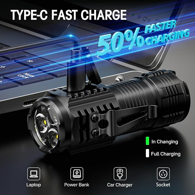 LETMY Rechargeable Mini Flashlights with Magnetic Base, 2 Pack Bright 3 LED Flash Lights, Small EDC Flashlight with Belt Clip, 4 Modes Portable Rechargeable Flashlights for Emergency Camping Home