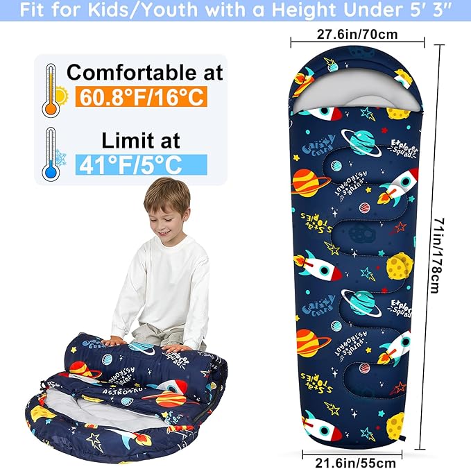 FIOBEE Kids Sleeping Bag for Girls Boys 3 Season Warm & Cool Weather Youth Camping Sleeping Bags with Backpacking Bag Waterproof for Traveling Hiking Indoor Outdoor Camping Essentials