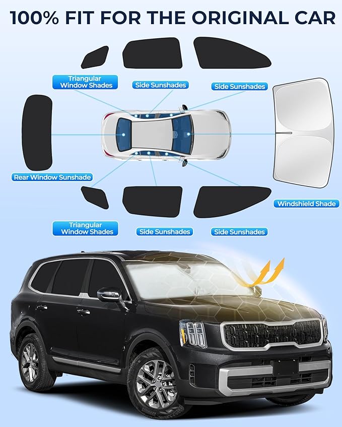 for Kia Telluride 2020-2025 Car Window Shades, 8pcs Privacy Sun Shade Set for Front Windshield Side and Rear Windows, Full Window Covers Keeps Vehicle Cool for Camping Napping
