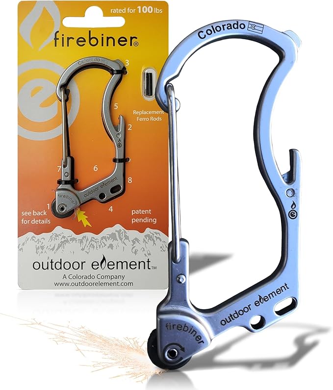 OUTDOOR ELEMENT Firebiner Custom Engraved 6-in-1 Fire Starter Carabiner Multitool – Survival Gear EDC Keychain with Utility Blade, Bottle Opener, Screwdriver, Emergency Tool