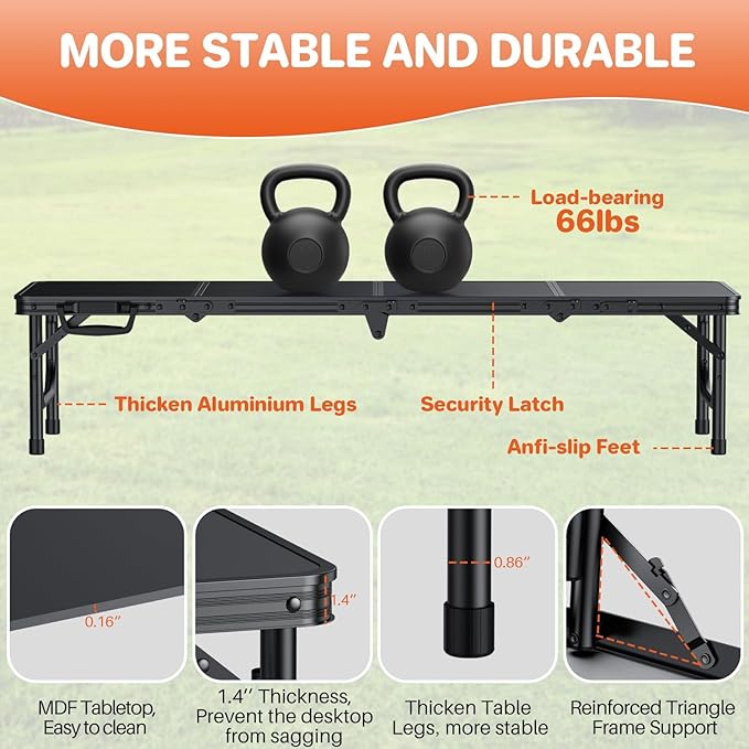 FUNYKICH 4ft Low Folding Picnic Table(45.7''x15.7''x10.3''), Thicker Aluminum Legs Beach Table with Handle & Carry Bag, Lightweight Small Camping Table for Picnic Beach Camping Party, Black