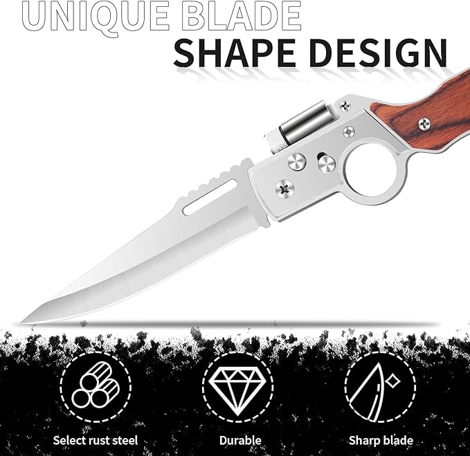 AK47 Style Tactical Folding Knife 6-Pack – Bulk Set with LED Light, Wood Handle, Laser Engraving Ready, Best Man Gifts, Outdoor Camping Hiking Gear for Groups (6)