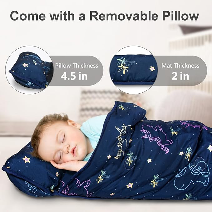 Primlect Thickened Toddler Nap Mat with Removable Pillow and Minky Blanket, Extra Large 55''x35'' Sleeping Bag, Washable, Roll up, Perfect for Daycare, Preschool, Kindergarten, Boys and Girls