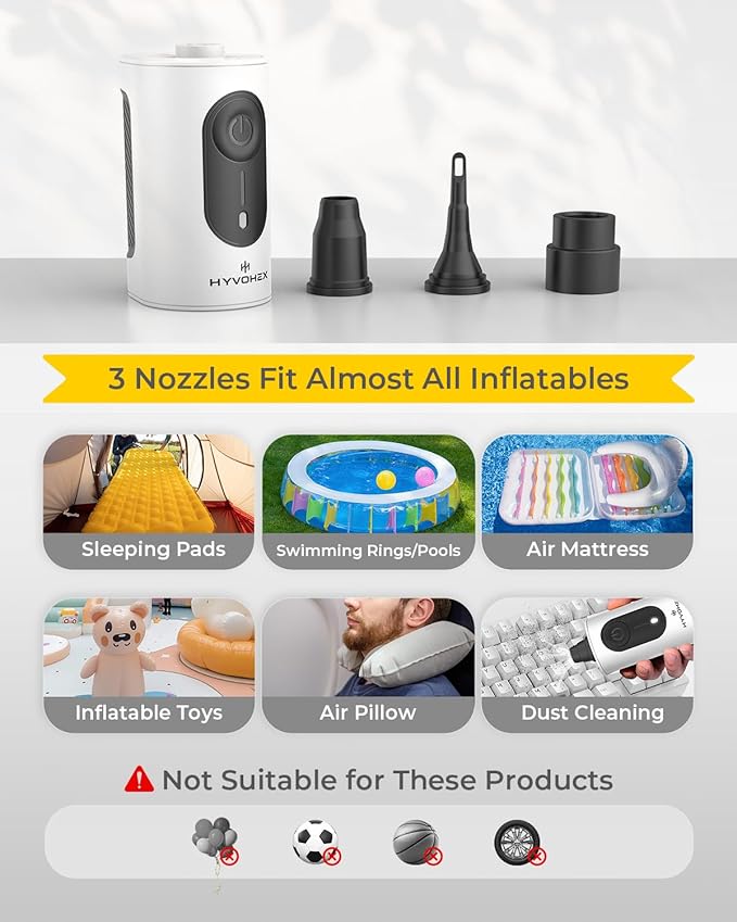 Portable Air Pump for Inflatables, 4000mAh Ultra Fast Air Mattress Pump with Advanced Heat Dissipation, 3 Nozzles Electric Air Pump Inflate Deflate for Sleeping Pads, Pool Floats