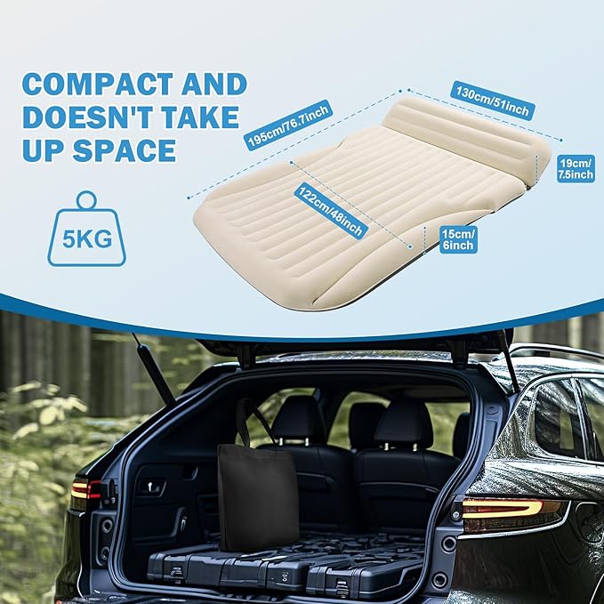 Ciremiv Car Bed with The Most Complete Sleeping Accessories,Leakproof Durable Car Mattress, with Pillow & Pump|for SUV Minivan Mpv Road Trip Inflatable Bed,Single-Sided Flocking Off-White + Gray