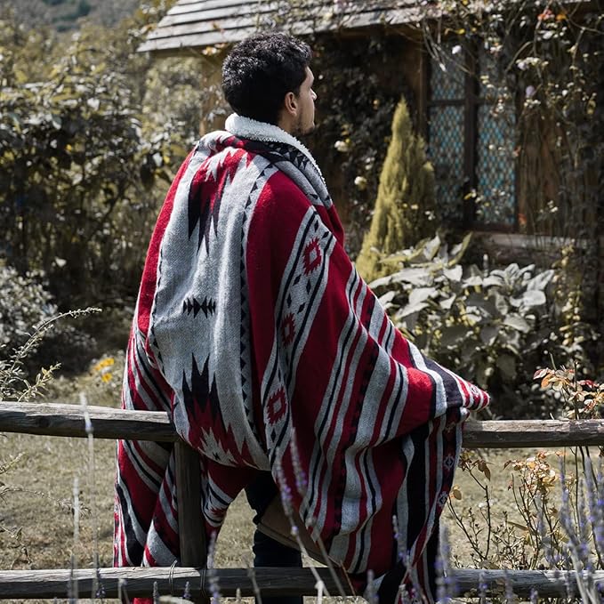 Aztec Patterned Throw Blanket with Soft Sherpa Lining, Traditional Southwestern Navajo Tribal Style Warm Throw for Camping, Outdoor, Light Weight Cozy Boho Blanket for Couch, Sofa, Bed, 60”x80”, Red