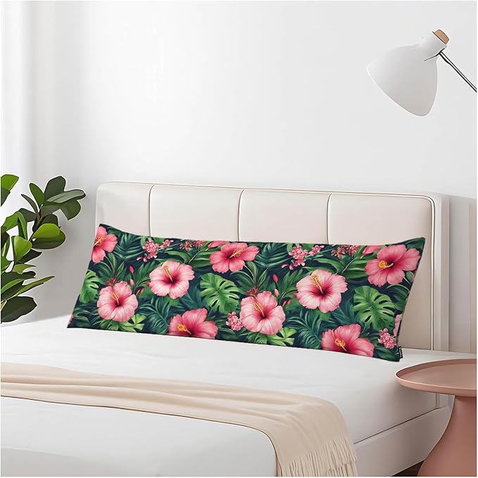 Decorative Home Body Pillow Covers Tropical Leaves, Breathable Body Cushion Cases Hawaii Hibiscus Palms Lumbar Pillow Cover Soft Body Pillowcase for Bedroom Couch Sofa 20x54 Inch Green Red