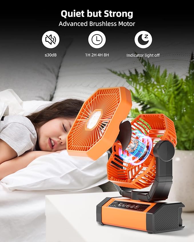MORIKO 20000mAh LED Light Fan, Rechargeable Battery Operated with Remote & Hook, 270 Pivot, 4 Speeds, Portable Outdoor Fan for Tent, Beach, BBQ, Jobsites