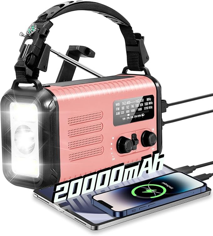 Emergency Crank Radio, 20000mAh / 74000mWh Solar Hand Crank Weather Radio with NOAA/AM/FM, Battery Powered Radio with Cell Phone Charger, Reading Lamp, Flashlight & SOS for Emergencies/Home (Pink)