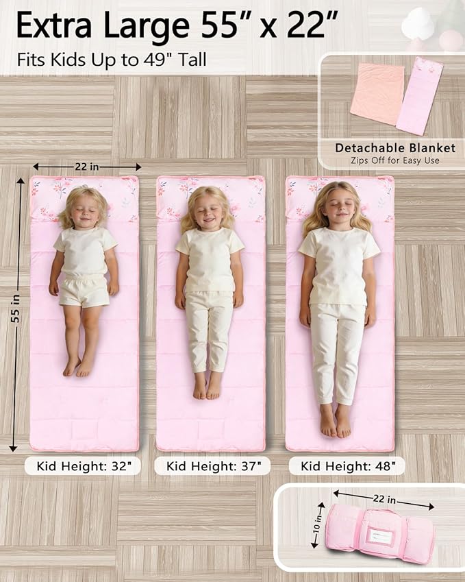 Primlect Toddler Nap Mat with Detachable Blanket and Removable Pillow, Kids Sleeping Bag 55''x35'' for Daycare Preschool Kindergarten, Toddler Sleeping Mat for Boys and Girls