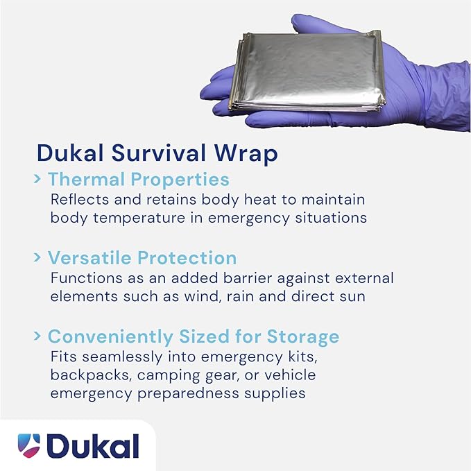 Dukal 721 Emergency Survival Blanket Mylar Wrap | Thermal Properties, Convenient Storage | Protection Against Wind, Rain, Sun | Diverse Functionality for Outdoor Enthusiasts & Responders | Pack of 1