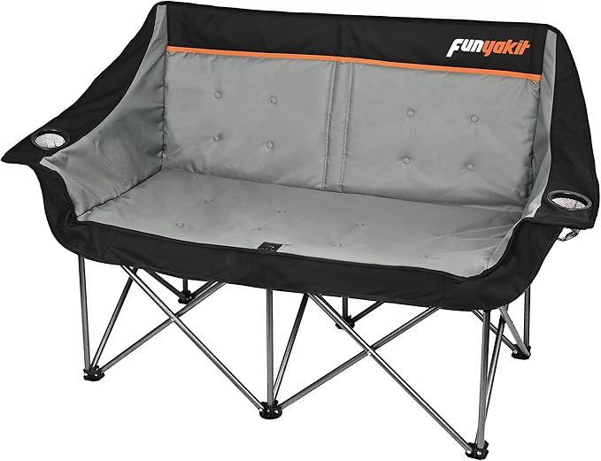Heavy Duty Double Camping Chair 600LBS Capacity, Fully Padded Folding Camping Chairs Loveseat, Big Oversize Outdoor Patio Lawn Chair with Arm Cup Holder for Camping, Fishing, Beach