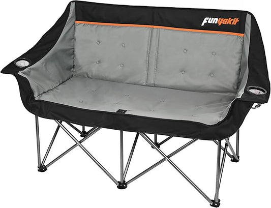 Heavy Duty Double Camping Chair 600LBS Capacity, Fully Padded Folding Camping Chairs Loveseat, Big Oversize Outdoor Patio Lawn Chair with Arm Cup Holder for Camping, Fishing, Beach