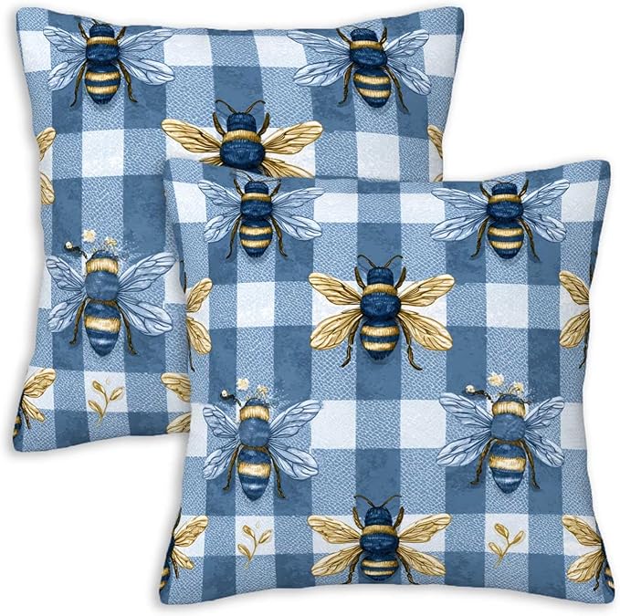 Farmhouse Bee Throw Pillow Covers 18x18 Set of 2 | Blue Gingham Rustic Cushion Covers | Vintage Honey Bee Decorative Pillow Cases for Couch, Sofa, Living Room and Bedroom