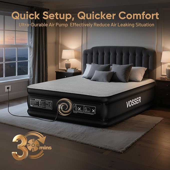 VOSSER Air Mattress with Built-in Pump,Queen 18'' Foam Topper Blow Up Mattress,Luxury Inflatable Mattress 2 Mins Self-Inflation/Deflation - Breathable and Flatness-Free for Camping, Home & Guests