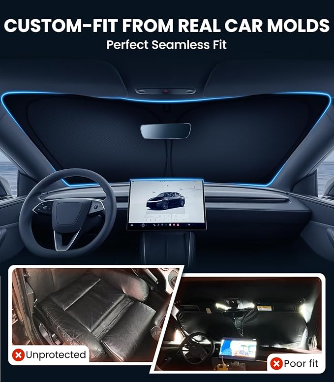 Zanch Custom Windshield Sun Shade for Tesla Model Y 2019-2026, 7-Layer UV & Heat Block, 3D Laser Scanned, Interior Protection, Keep Car Cooler, Foldable SUV Accessories