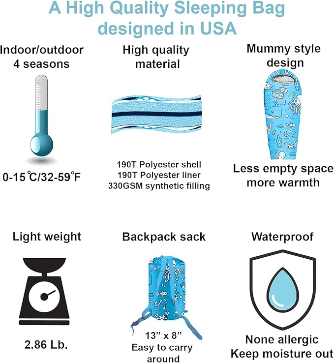 KidzAdventure Mummy Style 32 – 59F Kids Sleeping Bag with Pillow Sleeve, 4 Season, Lightweight and Backpacking Style, Ideal for Camping, Sleepover, Boys, Girls, and Youth