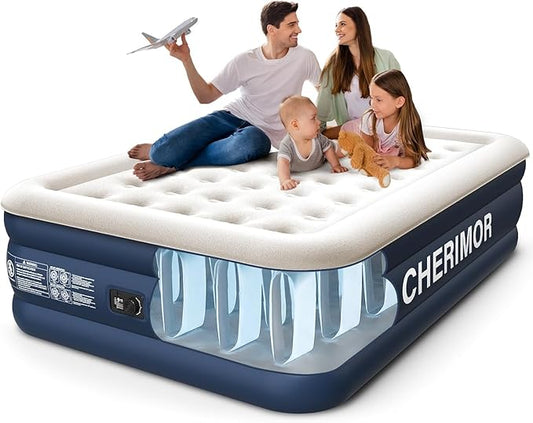 CHERIMOR Queen Air Mattress with Built in Pump, 18" Elevated Height, 48Hr Leak-Tested, Honeycomb Coil Support, 800 lbs Capacity, Fast 3-Min Inflation Blow Up Mattress for Guest Room & Sleepover