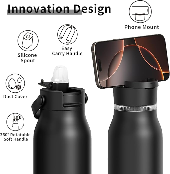 LISI 40oz Insulated Water Bottle, Double Wall Stainless Steel Water Bottles with Straw, 100% Leak-Proof Travel Thermal Canteen Mug with 2 Lids (Straw, Phone Holder Lid)