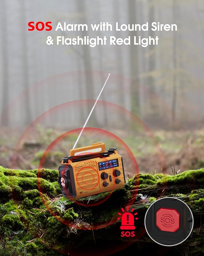 Emergency Weather Radio – 5-Way Powered NOAA Solar Hand Crank, AM/FM/SW, 18500mWh Power Bank, LED Flashlight, SOS Alarm – Portable Survival Radio for Power Outages & Storms (Yellow)