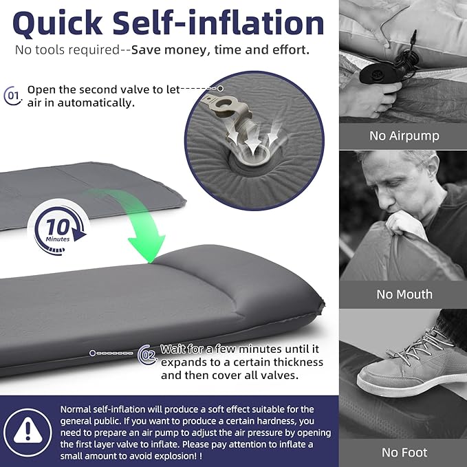 INVOKER Camping Sleeping Pad 3.15” Memory Foam Fast Self Inflating Insulated Durable Camping Mat Air Mattress with Pillow，for Tent, Traveling, Car, Camping, Grey
