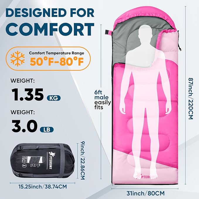 PTEROMY Sleeping Bags for Adults, Lightweight and Machine Washable, Water Resistant Backpacking Camping Sleeping Bag for Warm Cold Weather, Camping Essentials for Hiking Travel
