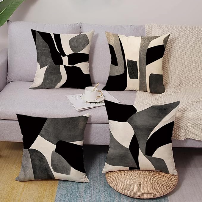 Abstract Geometric Decorative Throw Pillow Covers 18 x 18 Set of 4, Black White Grey Modern Aesthetic Porch Outdoor Home Decor, Minimalist Sofa Couch Cushion Case