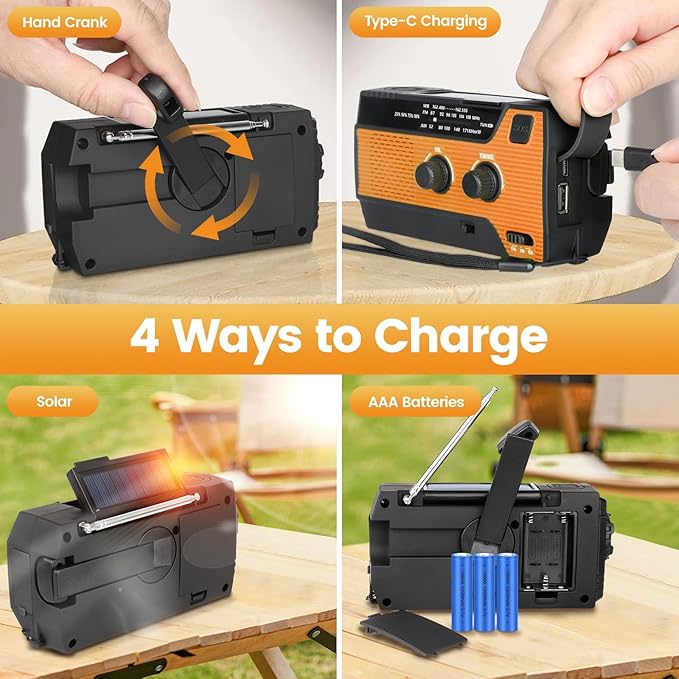 4000mAh/14800mWh Emergency Radio, Solar Hand Crank Emergency Radio - NOAA Weather Radio with AM/FM/NOAA Weather Alert, Reading Lamp, Flashlight, Cell Phone Charger and SOS Siren (Orange)