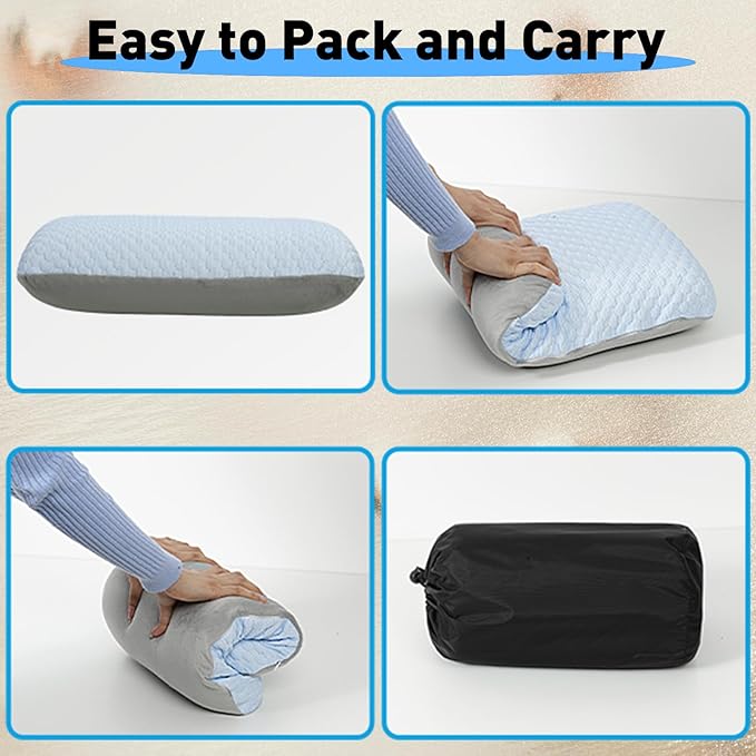 Crisonky Travel and Camping Pillow- Compressible Medium Firm Memory Foam Pillow with Carry Bag for Backpacking & Airplane, Lumbar Support. Breathable Cooling Fabric, Washable Pillowcase (Royal Silver)