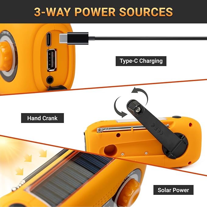 Solar Hand Crank Emergency Radio - 2000mAh Portable Weather Radio with AM/FM/NOAA, 3-Mode Flashlight, SOS Alarm & Cell Phone Charger for Outdoor & Home Use