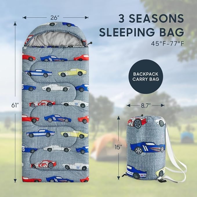 Wake In Cloud - Kids Sleeping Bag for Boys Toddlers, Camping in Warm Cold Weather, Backpacking Lightweight Compact Outdoor Liner for 3 Seasons, Race Cars Vehicles