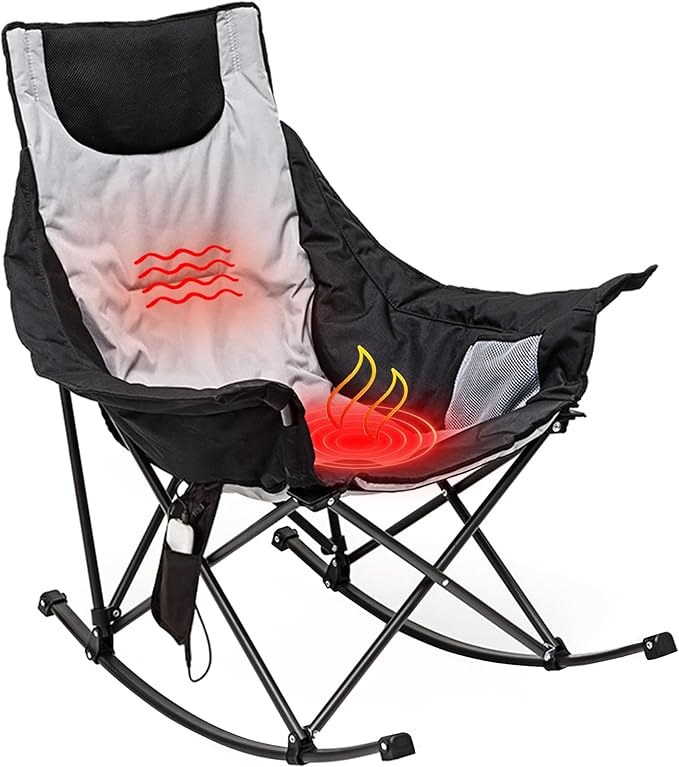 SUNNYFEEL Oversized Heated Rocking Camping Chair, Fully Padded Patio Chair with Side Pocket, High Back Portable Lawn Recliner with Carry Bag, Outdoor Rocker Camp Chair for Adults Heavy Duty 500 LBS