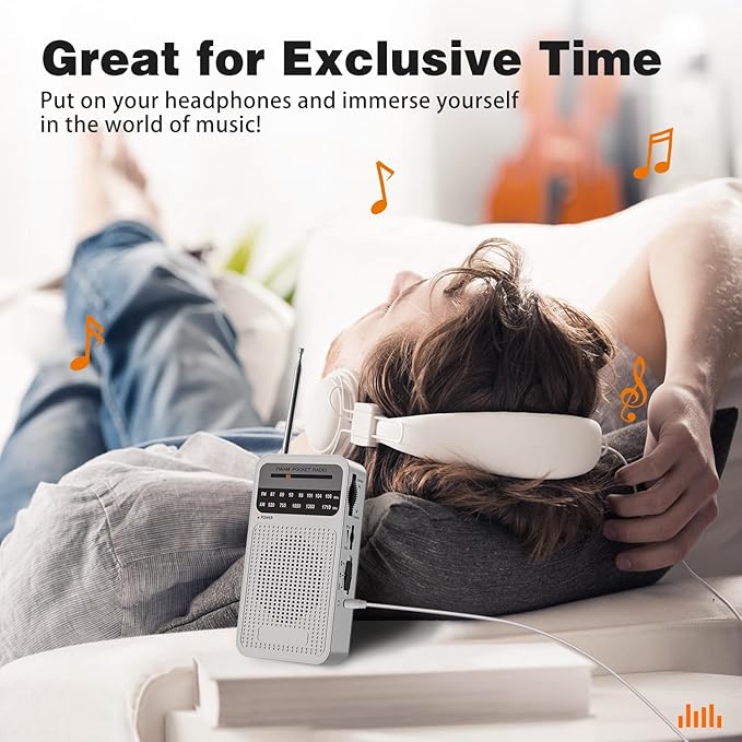 Portable Radio AM FM with Long Range Reception, Goodes Transistor Radio with Loud Speaker, Headphone Jack, 2AA Battery Operated for Indoor, Outdoor and Emergency Use - Silver