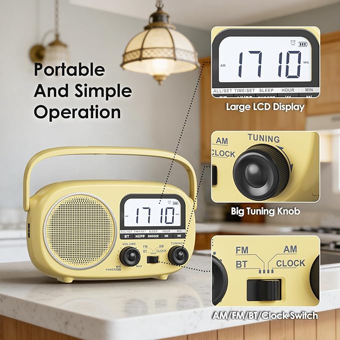 Portable Radio AM FM with Bluetooth,Built-in Rechargeable Battery/Plug in Wall/4*D Cell Battery Operated, Digital Time Display, Transistor Radio for Home,Outdoor,Gift,Seniors (Yellow)