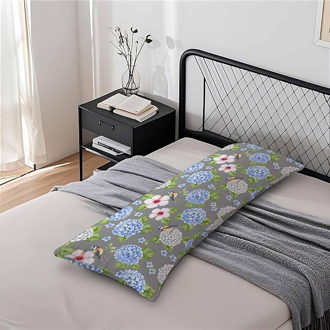 Couch Body Pillow Cover Hummingbird Bedding Body Pillow Case for Men Women, Blue Hydrangea Oblong Pillow Covers Throw Body Cushion Cases for Home Sofa Livingroom 20"X 54"