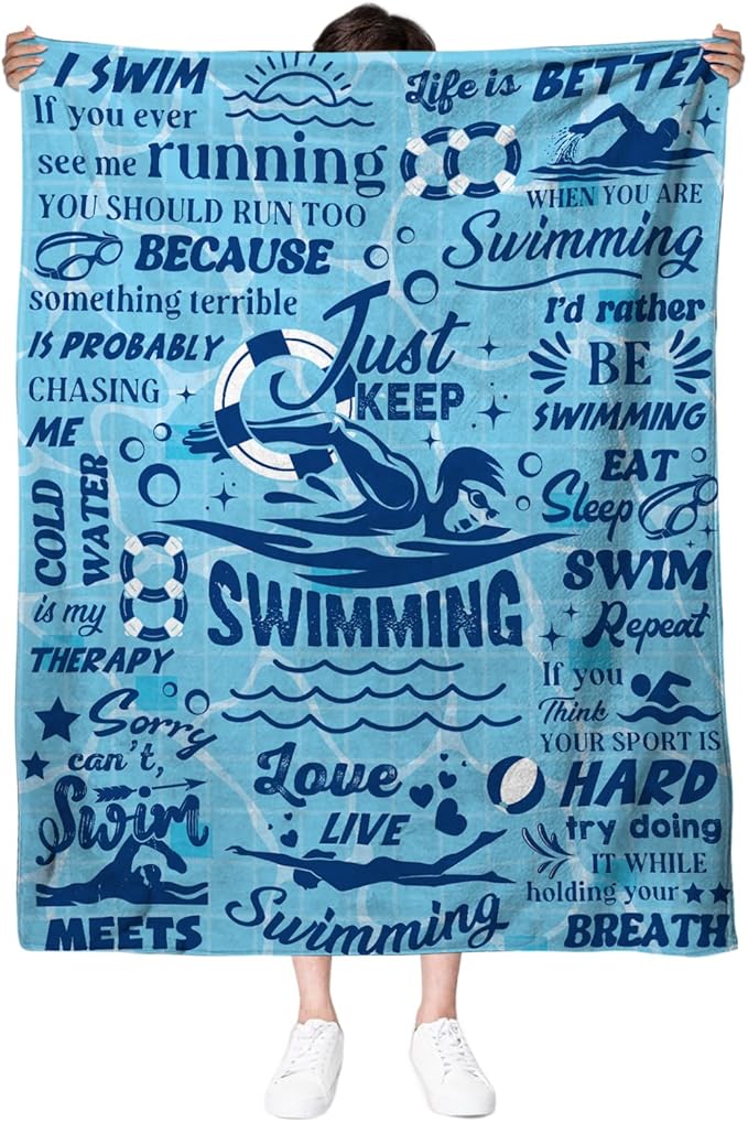 Swim Blanket Gifts for Swimmers, Swimming Gifts for Coach Gifts, Swim Team Gift, Just Keep Swimming, 50" x 60" Swimmer Blanket Christmas Birthday Gift for Men Dad Son