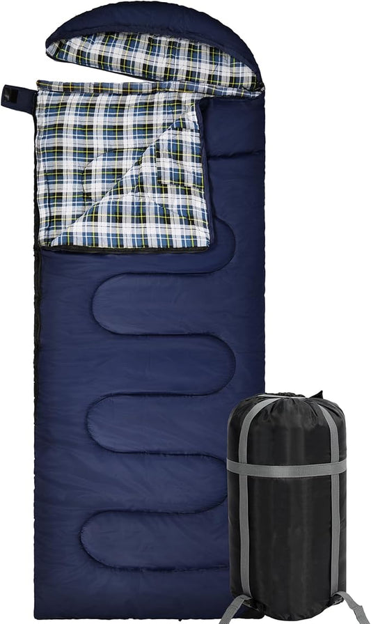 REDCAMP Flannel Sleeping Bag for Adults, Comfortable Cotton Sleeping Bags for Camping with Detachable Hood, Red/Grey/Blue/Black