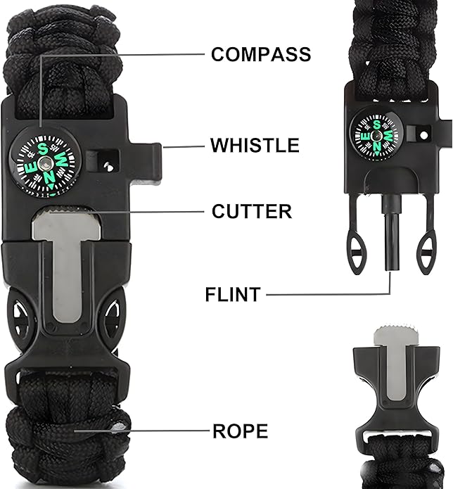 aiGear Survival Bracelet Set 3 Pack with Compass & Whistle, Camping, Hiking Emergency Gear (Black, Green, Orange)