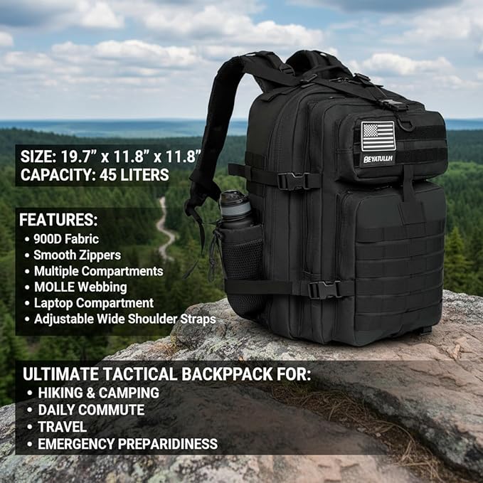 45L Military Tactical Backpack for Men & Women Bug Out Bag Assault pack Molle Daypack Hiking Trekking Rucksack (2.0 side pockets (black))