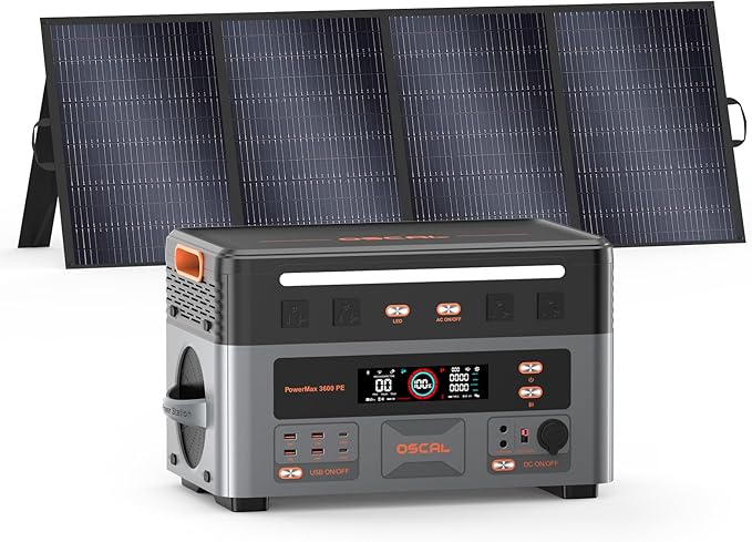 OSCAL 3600W Portable Power Station PowerMax 3600 PE with 400W Solar Panel, 2016Wh Solar Generator, 1500W AC Charging, LiFePO4 Battery Power Station for Home Use, Camping, RV, Emergency