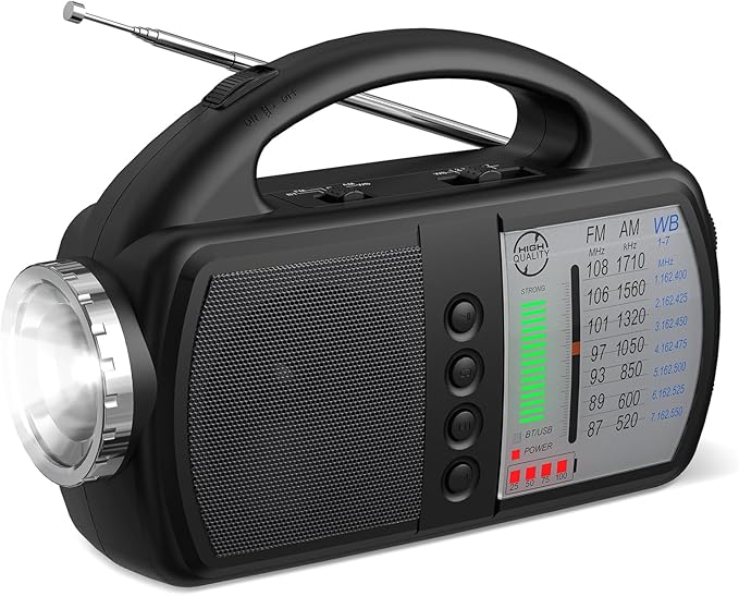 AM FM NOAA Weather Radio,Portable Emergency Radio with Flashlight, Bluetooth 5.0, USB, AUX in Powered by Built-in Rechargeable Battery or 4 AA Battery for Home Indoor Black