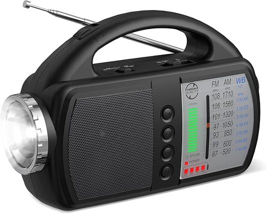 AM FM NOAA Weather Radio,Portable Emergency Radio with Flashlight, Bluetooth 5.0, USB, AUX in Powered by Built-in Rechargeable Battery or 4 AA Battery for Home Indoor Black