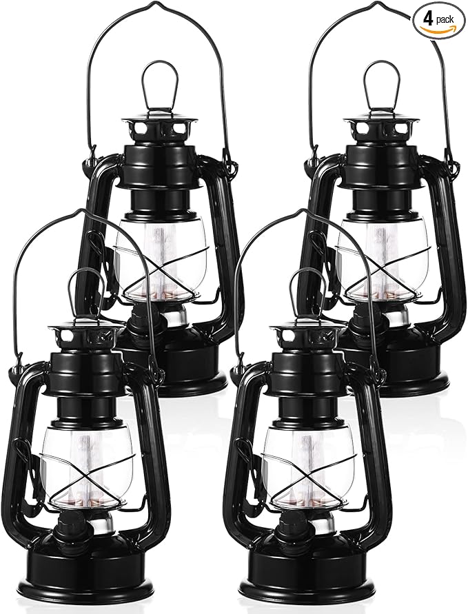 Hortsun 4 Pcs 8 Inch Vintage LED Hurricane Lantern Metal Black Outdoor Battery Operated Hanging Lantern with Warm LEDs and Dimmer Switch for Indoor Rustic Farmhouse Country Camping Decor