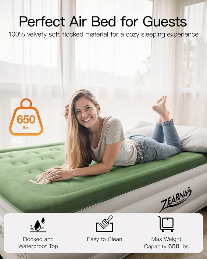Zearna Full Size Air Mattress with Built in Pump, 18" Raised Comfort Air Bed, Upgraded Flocked Top Blow up Mattress with Carrying Bag, Inflatable Mattress for Guests & Home, AirBed, 650 lbs Max