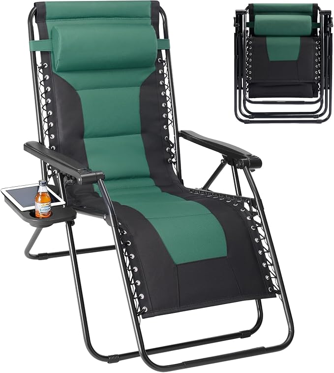 Sweetcrispy Zero Gravity Chairs, Foldable Patio Reclining Chairs with Adjustable Pillow & Cup Holder, Oversized Portable Support 400 lbs, for Backyard Camping(Black-Green)