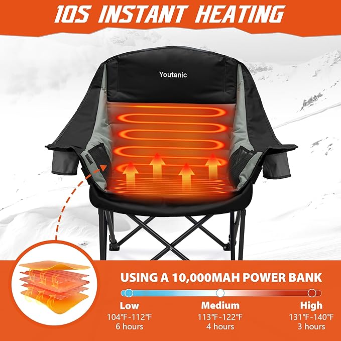 Youtanic Heated Camping Chair, 3 Heat Levels Oversized Padded Lawn Chair with Side Pockets and Cup Holder, Outdoor Heating Folding Camp Chair for Adults, Fishing, Sports, Picnic, up to 500lbs, Style 1